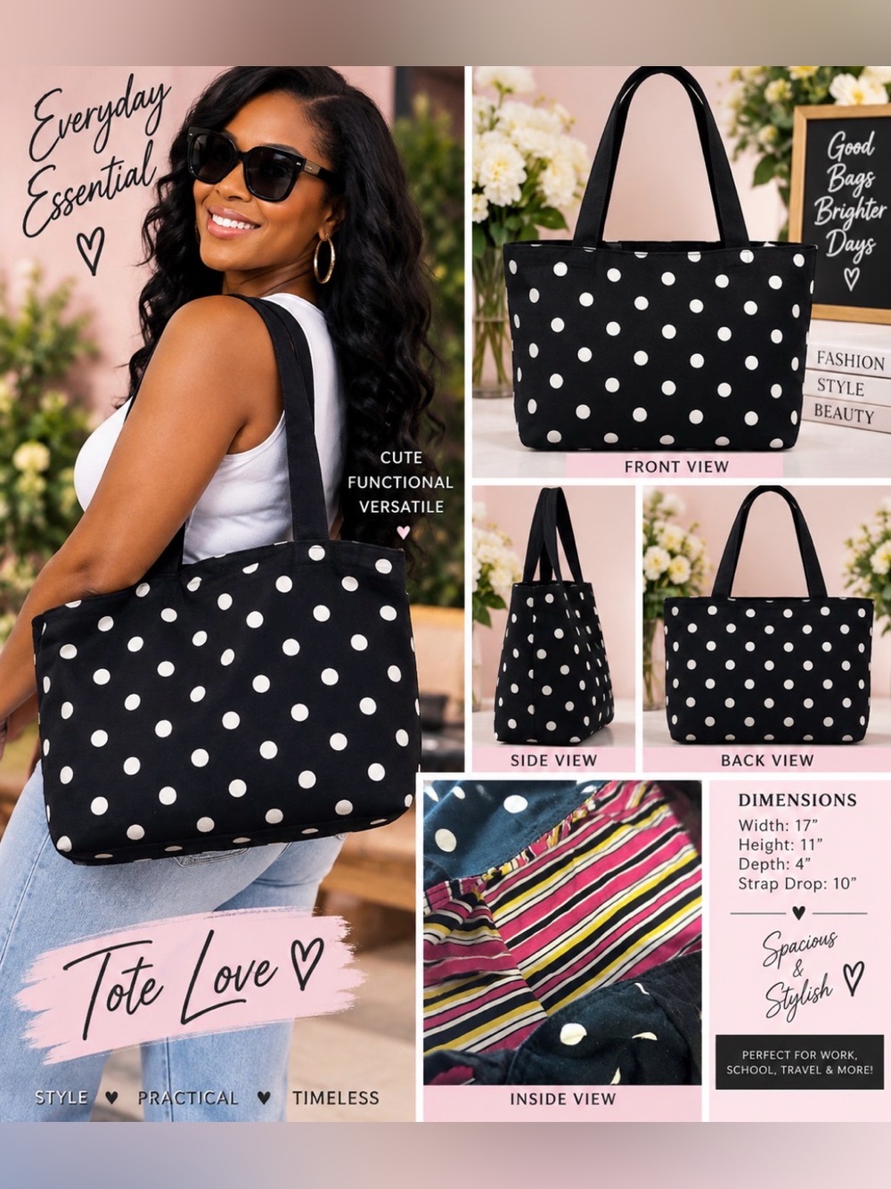 Black Polka Dot Tote Bag with White Dots